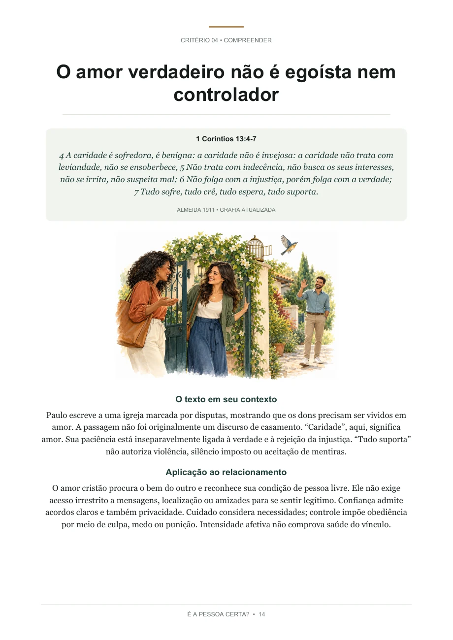 Página real com 1 Coríntios 13:4-7, ilustração e aplicação ao relacionamento